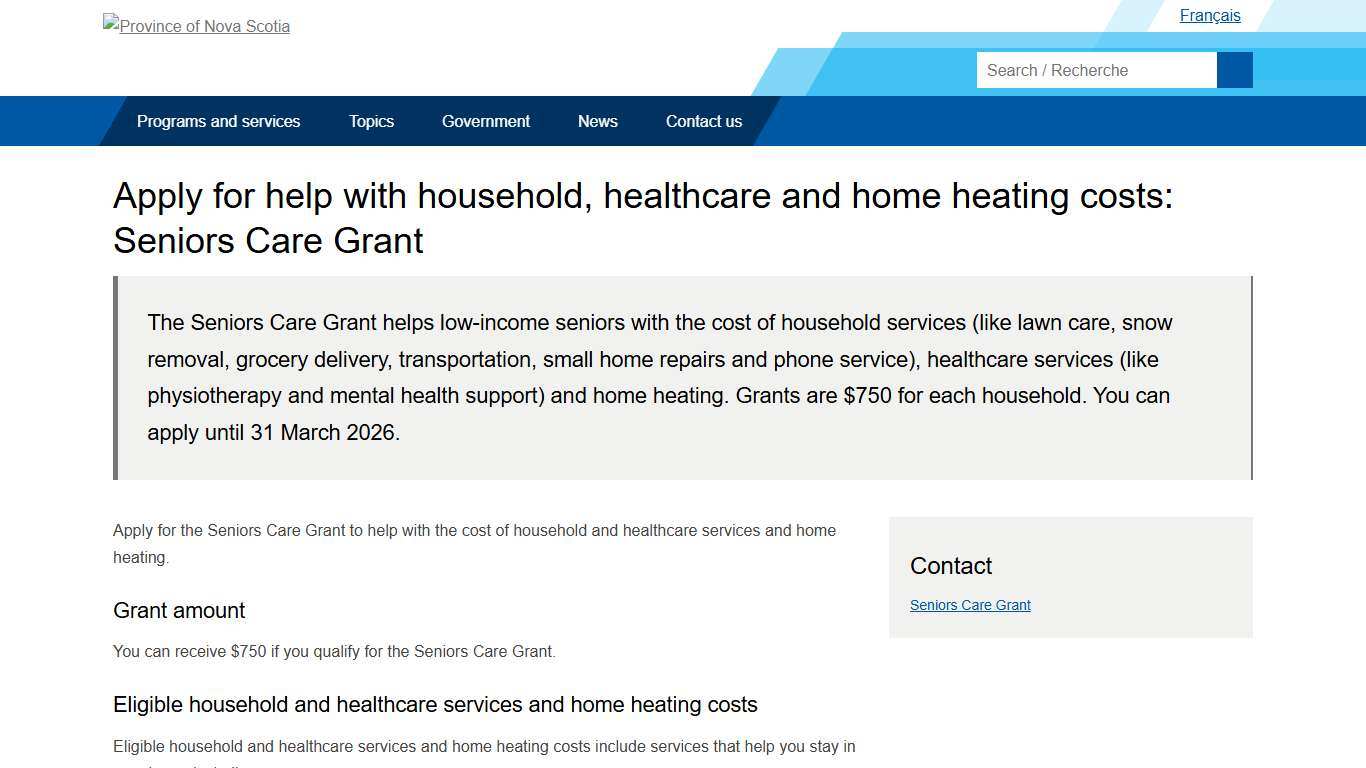 Apply for help with household, healthcare and home heating costs: Seniors Care Grant - Government of Nova Scotia